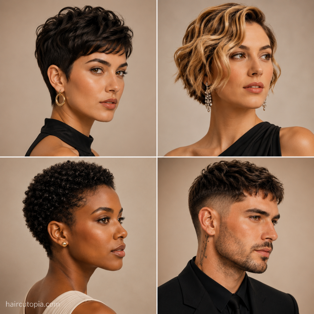 Four short formal hairstyles featuring a pixie cut, wavy bob, natural curls, and textured men’s haircut