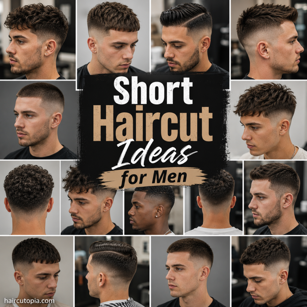Short haircut ideas for men featuring fades, textured crops, crew cuts and classic short hairstyles