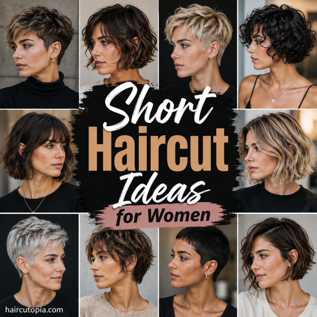 Short haircut ideas for women featuring pixie cuts, bobs, curly and textured hairstyles