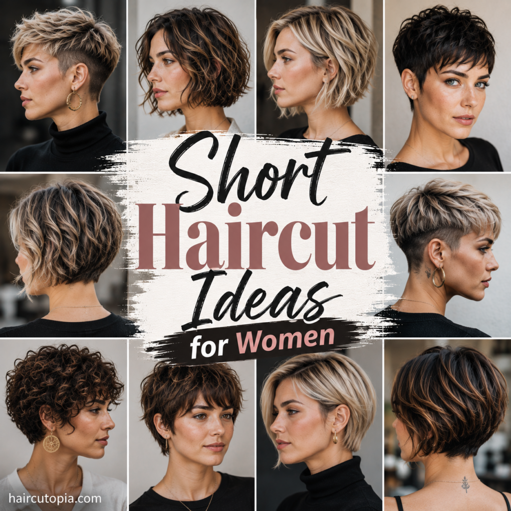 Short haircut ideas for women featuring pixies, crops, short bobs, curls and layered styles