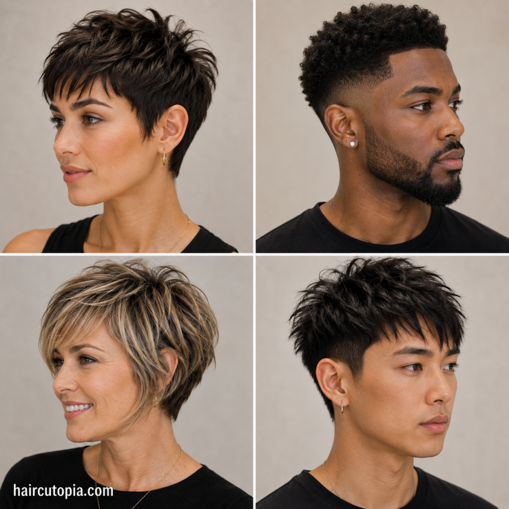 Short haircuts for coarse hair featuring pixie, fade, bob, and textured crop styles