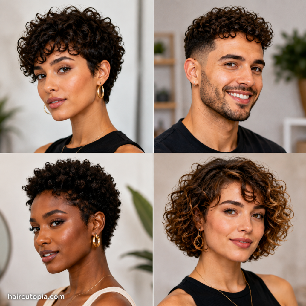 Collage of diverse men and women with stylish short curly haircuts including pixie cuts, tapered cuts, and curly bobs.