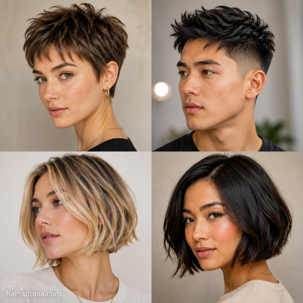Close-up collage of diverse men and women with stylish short haircuts for fine hair, showcasing textured pixie cuts, blunt bobs, and layered styles.