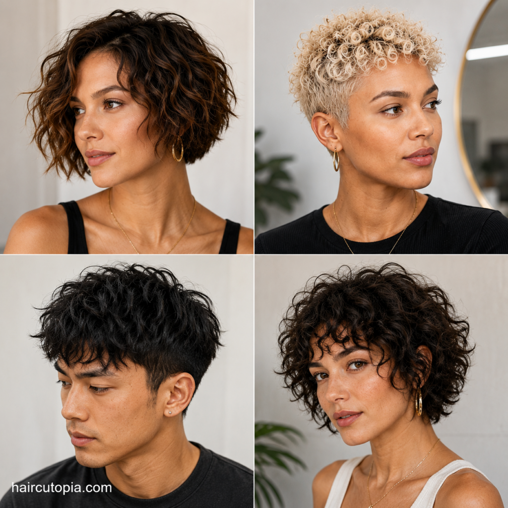 Short haircuts for frizzy hair featuring textured bobs, curly styles, pixie cuts, and short men’s hair