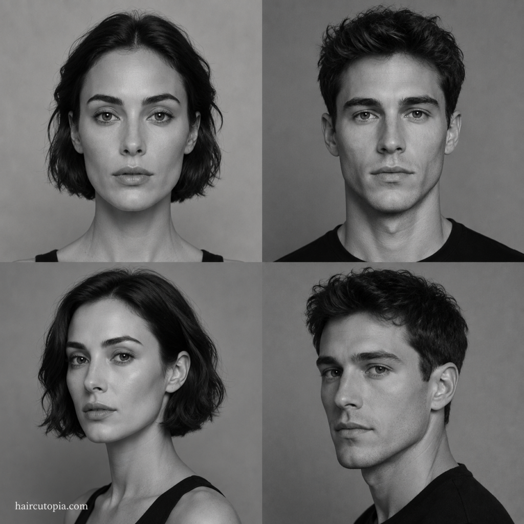 Four-panel black-and-white editorial collage showing feminine-presenting and masculine-presenting adults with long face shapes from front and three-quarter views.