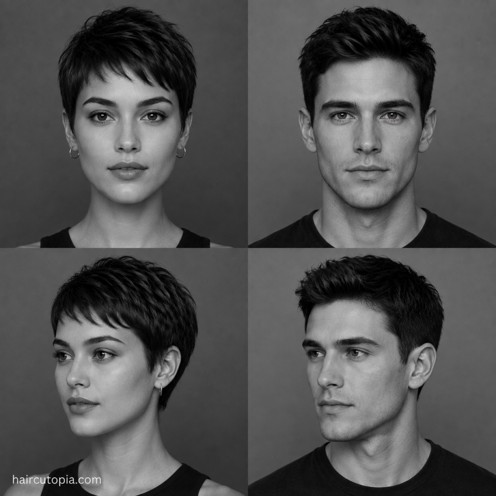 Four-panel black-and-white editorial collage showing feminine-presenting and masculine-presenting adults with oval face shapes from front and three-quarter views, illustrating facial proportions that suit short haircuts.