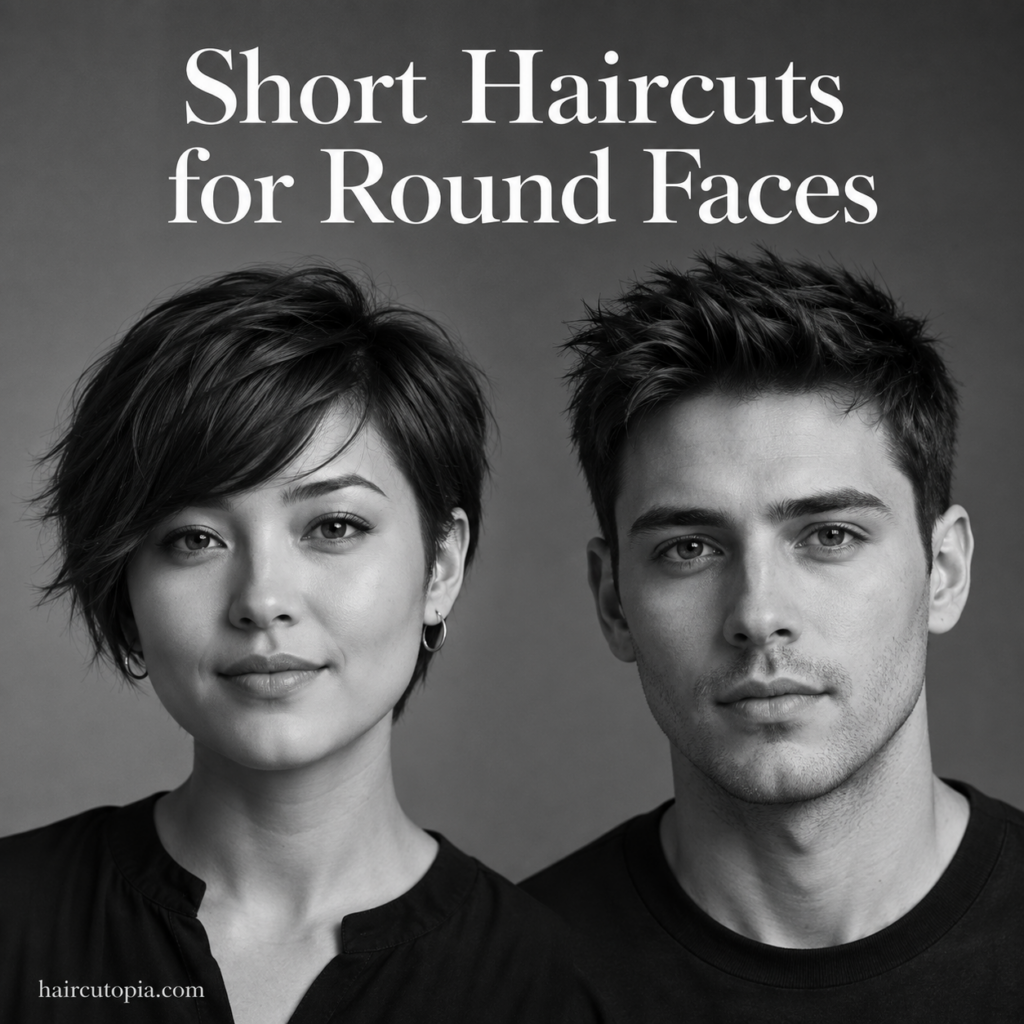 Two adults with round face shapes wearing flattering short haircuts in a black-and-white editorial portrait.