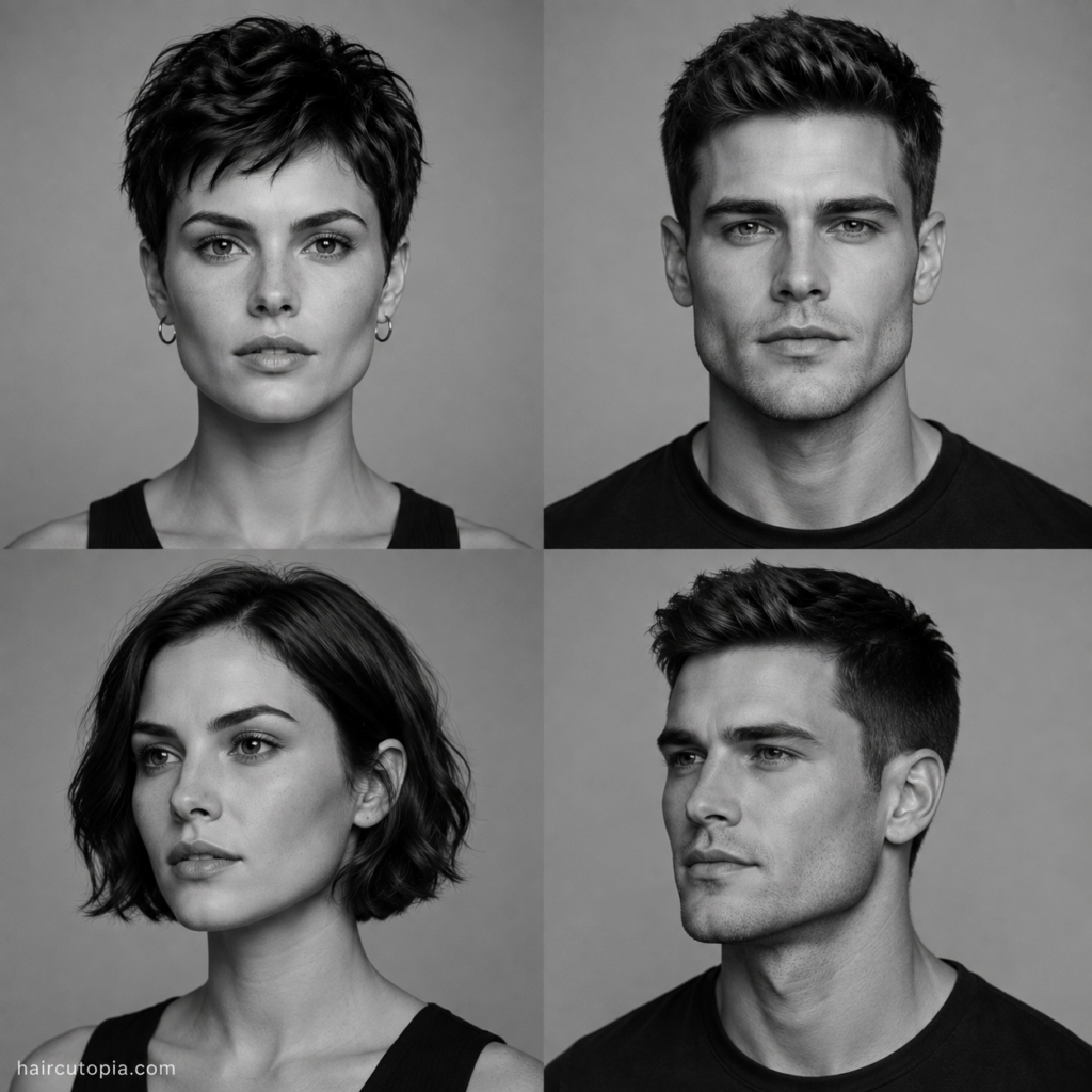 Four-panel black-and-white collage showing feminine-presenting and masculine-presenting adults with square face shapes from front and three-quarter views.