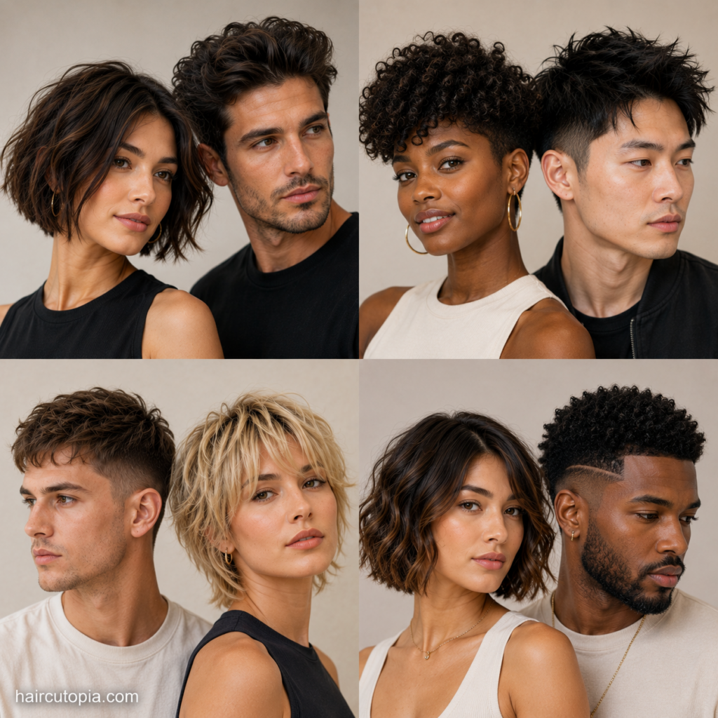 Editorial collage of diverse men and women with short haircuts for thick hair, featuring pixie cuts, layered bobs, textured crops, and curly short hairstyles.