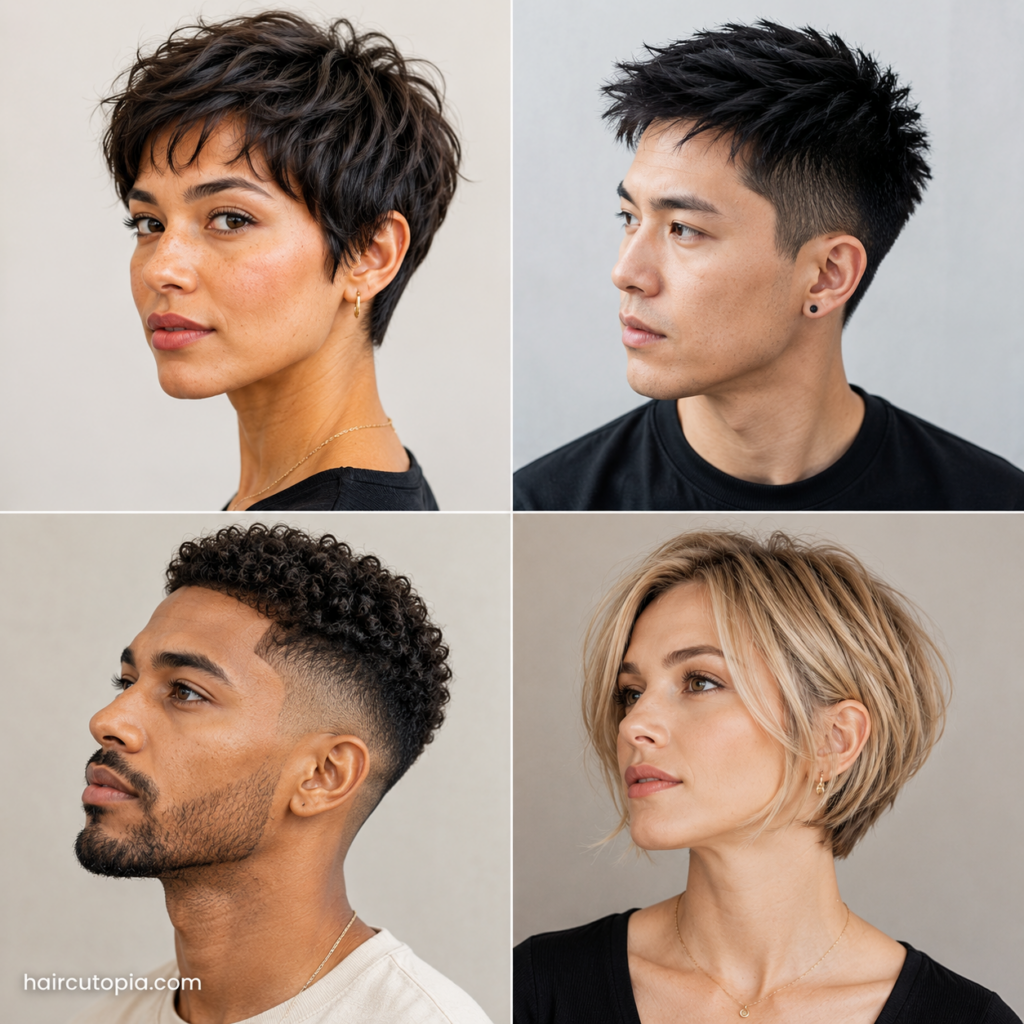 Diverse men and women with stylish short haircuts for thin hair, including pixie cuts, textured crops, and layered bobs.
