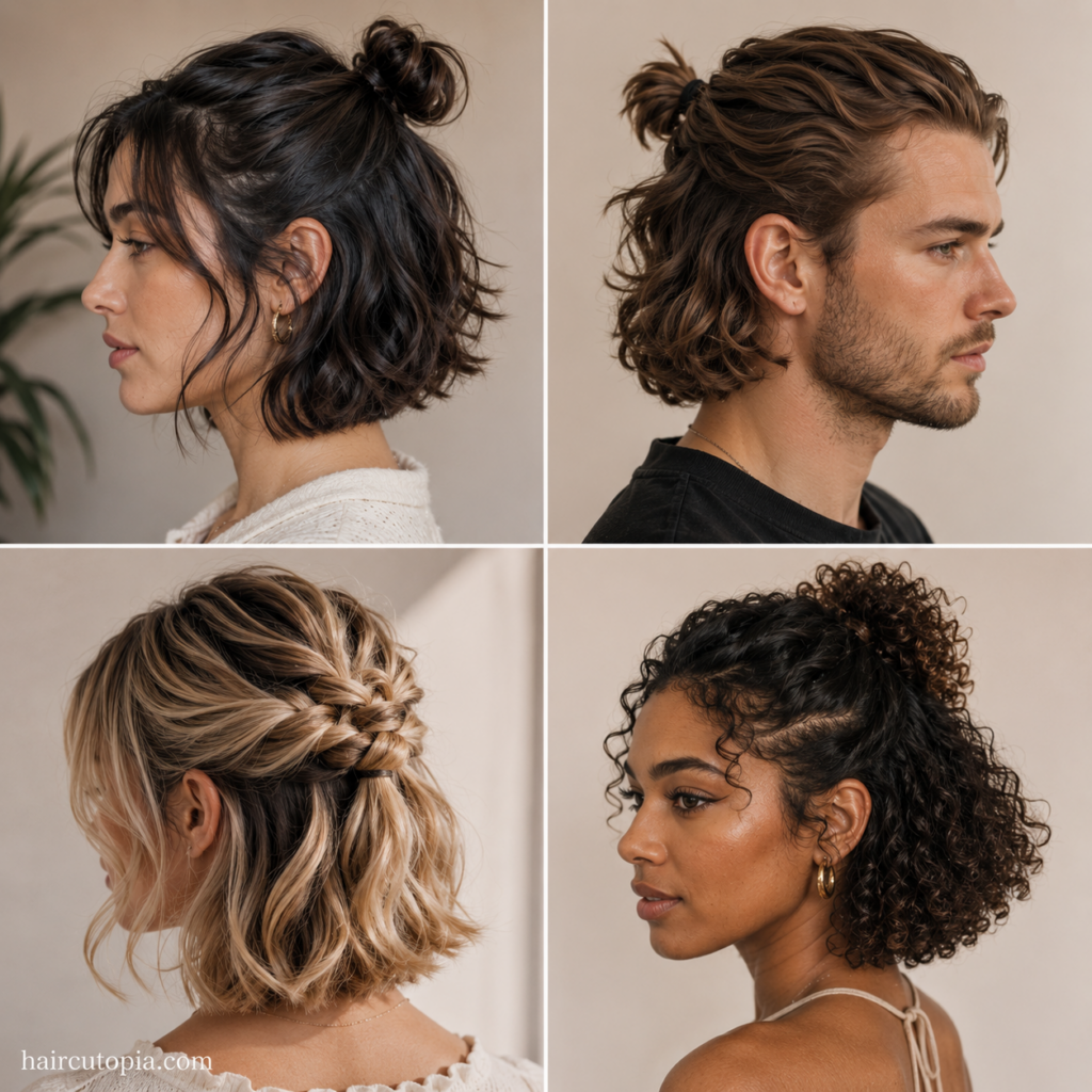 Short half-up half-down hairstyles featuring buns, braids, waves, and curly hair