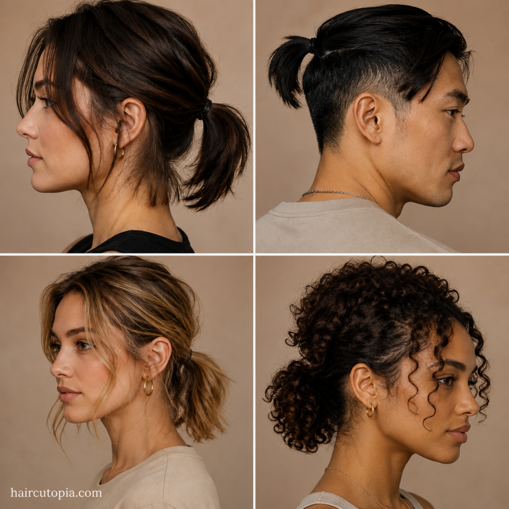Four short ponytail hairstyles featuring straight, layered, curly, and undercut hair