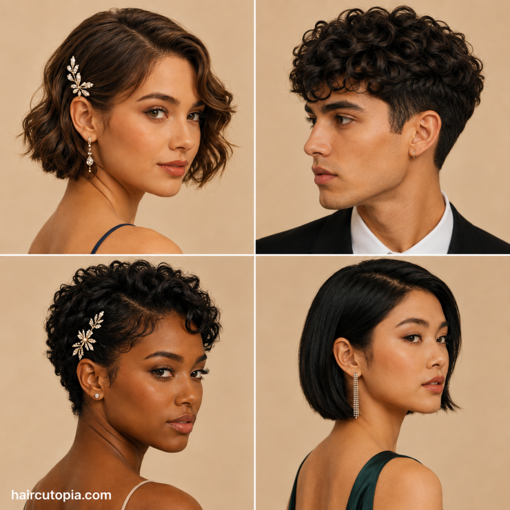 Short prom hairstyle ideas featuring wavy bobs, short curls, a pixie cut, and sleek short hair