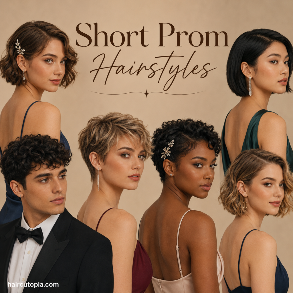 Short prom hairstyles featuring stylish pixie cuts, bobs, curls, and waves for prom night