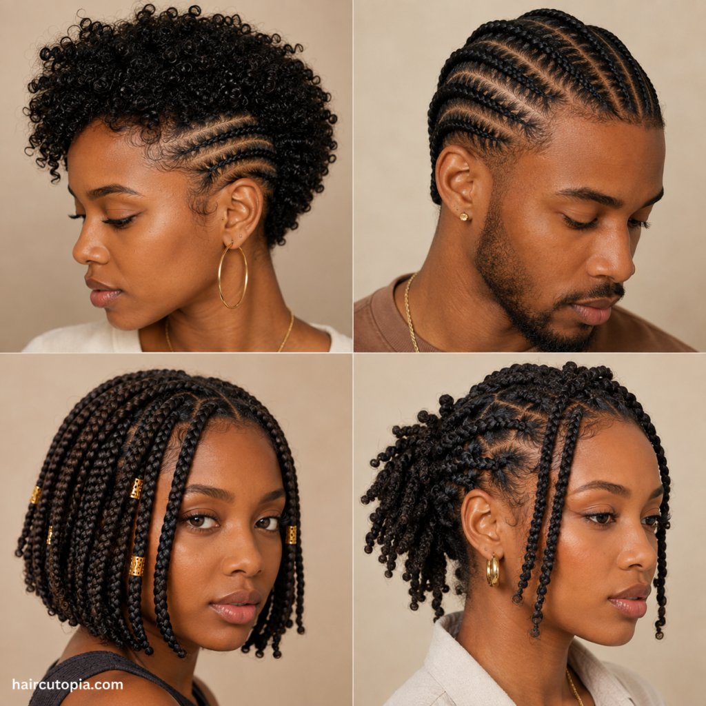 Short protective hairstyles featuring cornrows, short box braids, twists, and curly protective styles