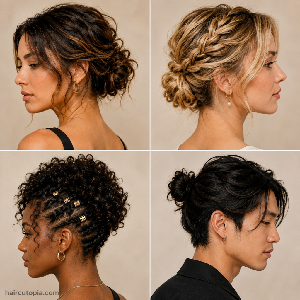Short updo hairstyles with buns, braids, curls, and textured styles