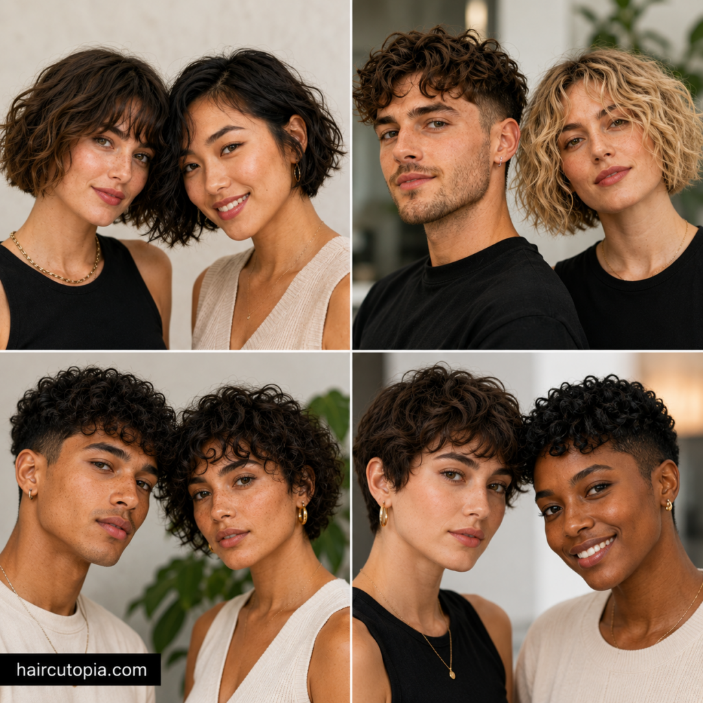 Short wavy haircuts for men and women featuring textured bobs, pixies, and cropped styles