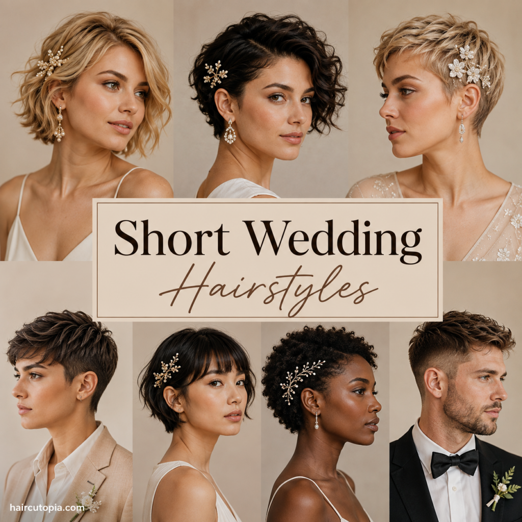 Short wedding hairstyles for men and women featuring elegant pixie cuts, bobs, curls, and textured styles