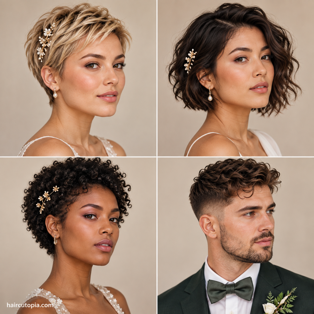 Short wedding hairstyles for men and women featuring pixie cuts, curls, waves, and textured styles