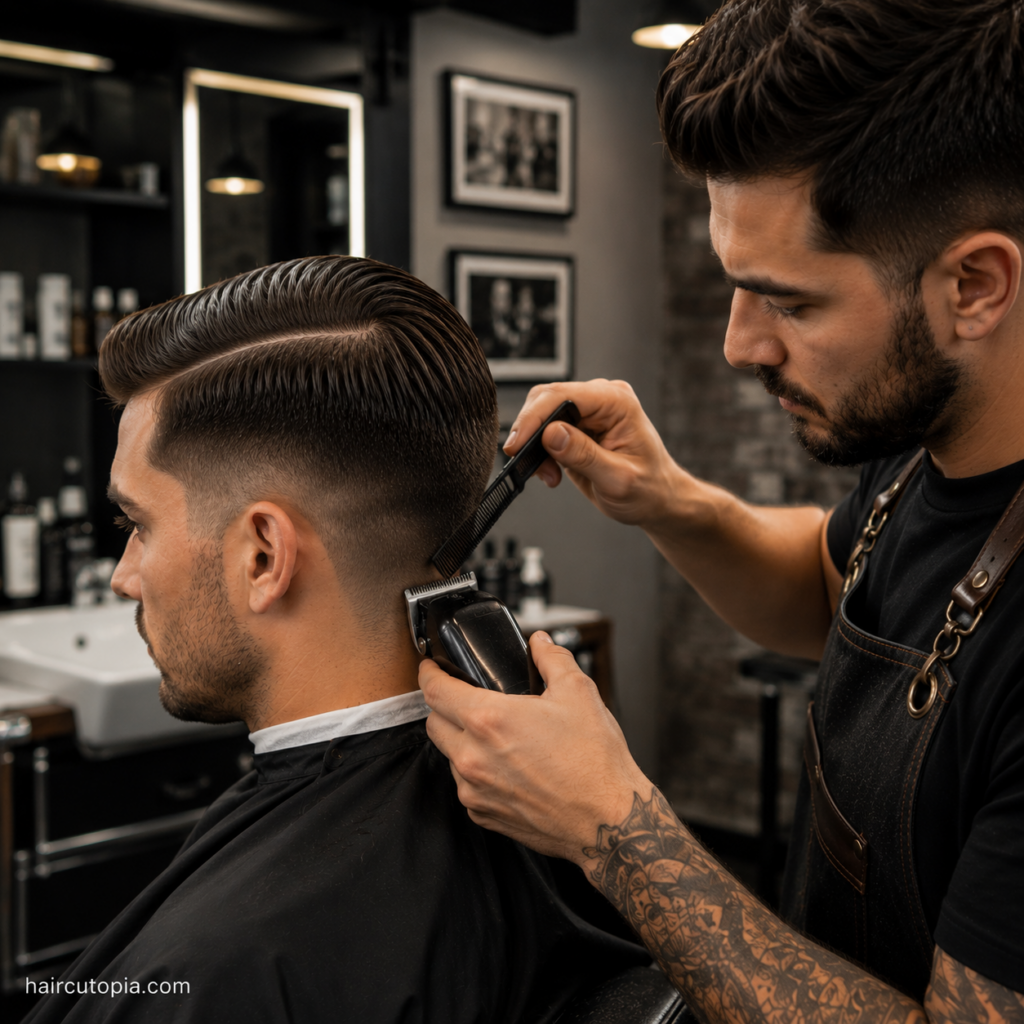 Barber using clippers and a comb to clean up a side part haircut