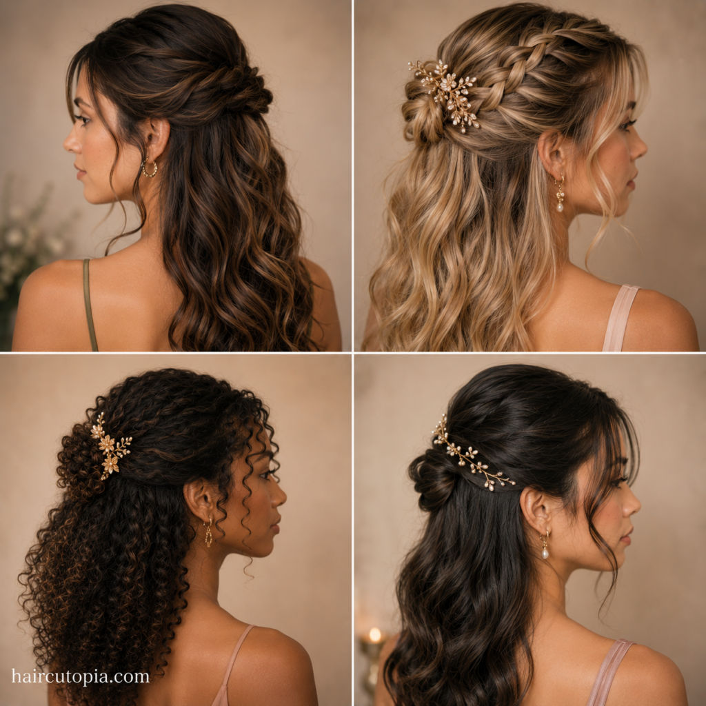 Half-up half-down hairstyles for special events with braids, curls, twists, and elegant hair accessories