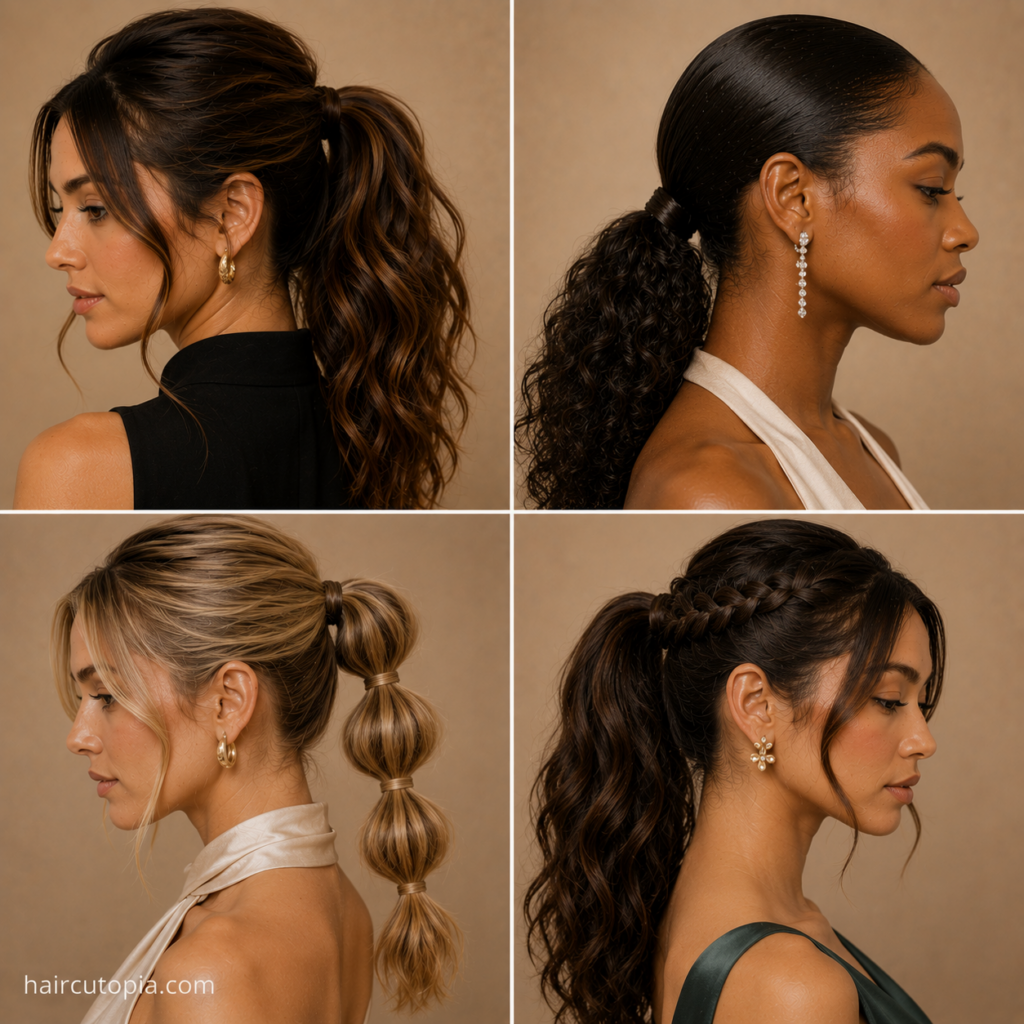 Special-event ponytail hairstyles featuring wavy, curly, bubble, and braided ponytail variations
