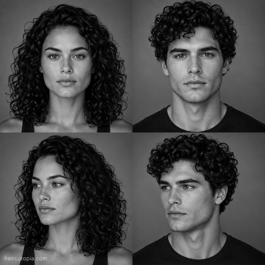 Four-panel black-and-white editorial collage showing a woman and a man with square face shapes and naturally curly hair from front and three-quarter views.
