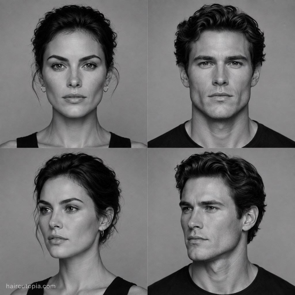 Four-panel black-and-white editorial collage showing feminine-presenting and masculine-presenting adults with square face shapes from front and three-quarter angles.