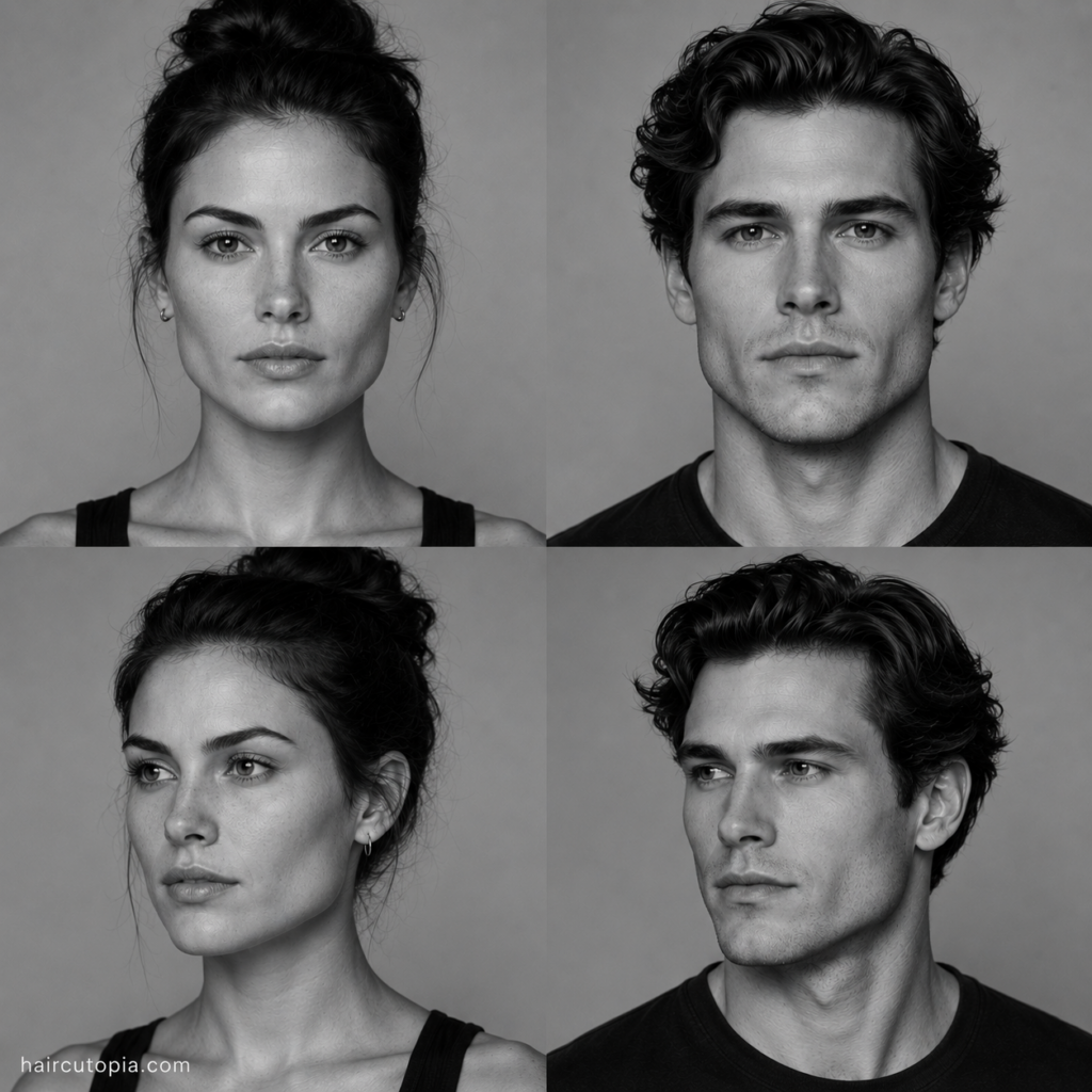 Four-panel black-and-white editorial collage showing feminine-presenting and masculine-presenting adults with square face shapes from front and three-quarter views.