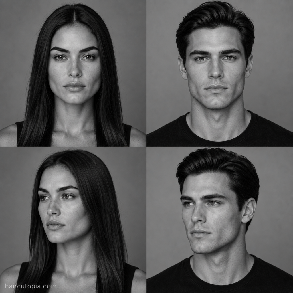 Four-panel black-and-white editorial collage showing a woman and a man with square face shapes and naturally straight hair from front and three-quarter views.