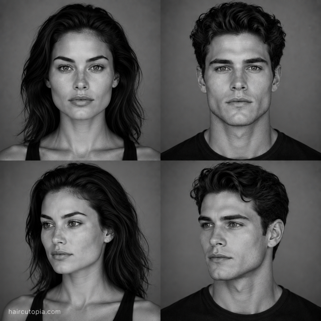 Four-panel black-and-white editorial collage showing a woman and a man with square face shapes and thick hair from front and three-quarter views.