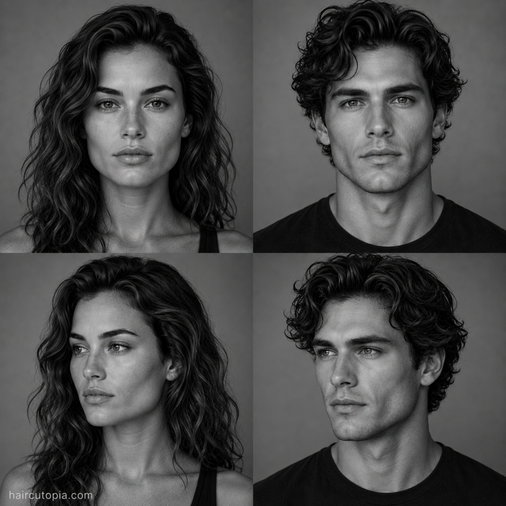 Four-panel black-and-white editorial collage showing a woman and a man with square face shapes and naturally wavy hair from front and three-quarter views.