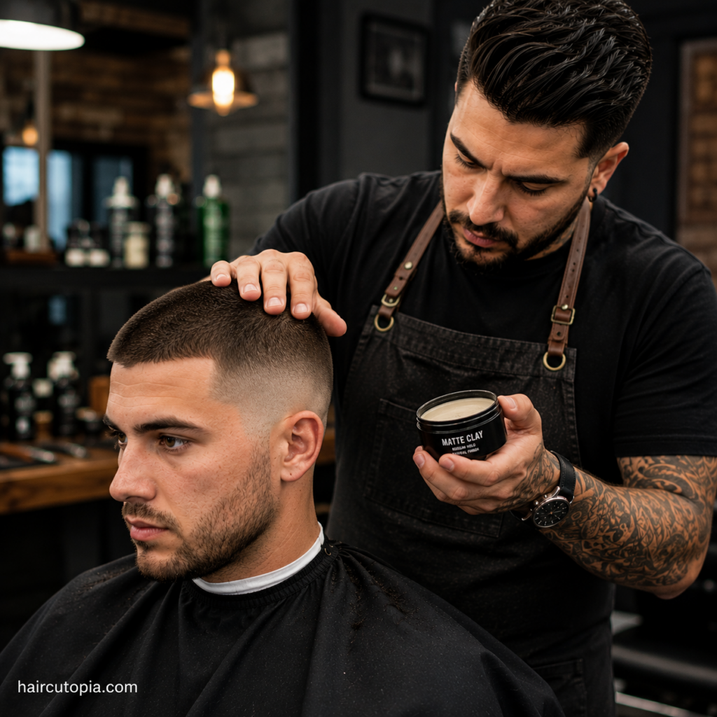 Barber styling a buzz cut with matte clay