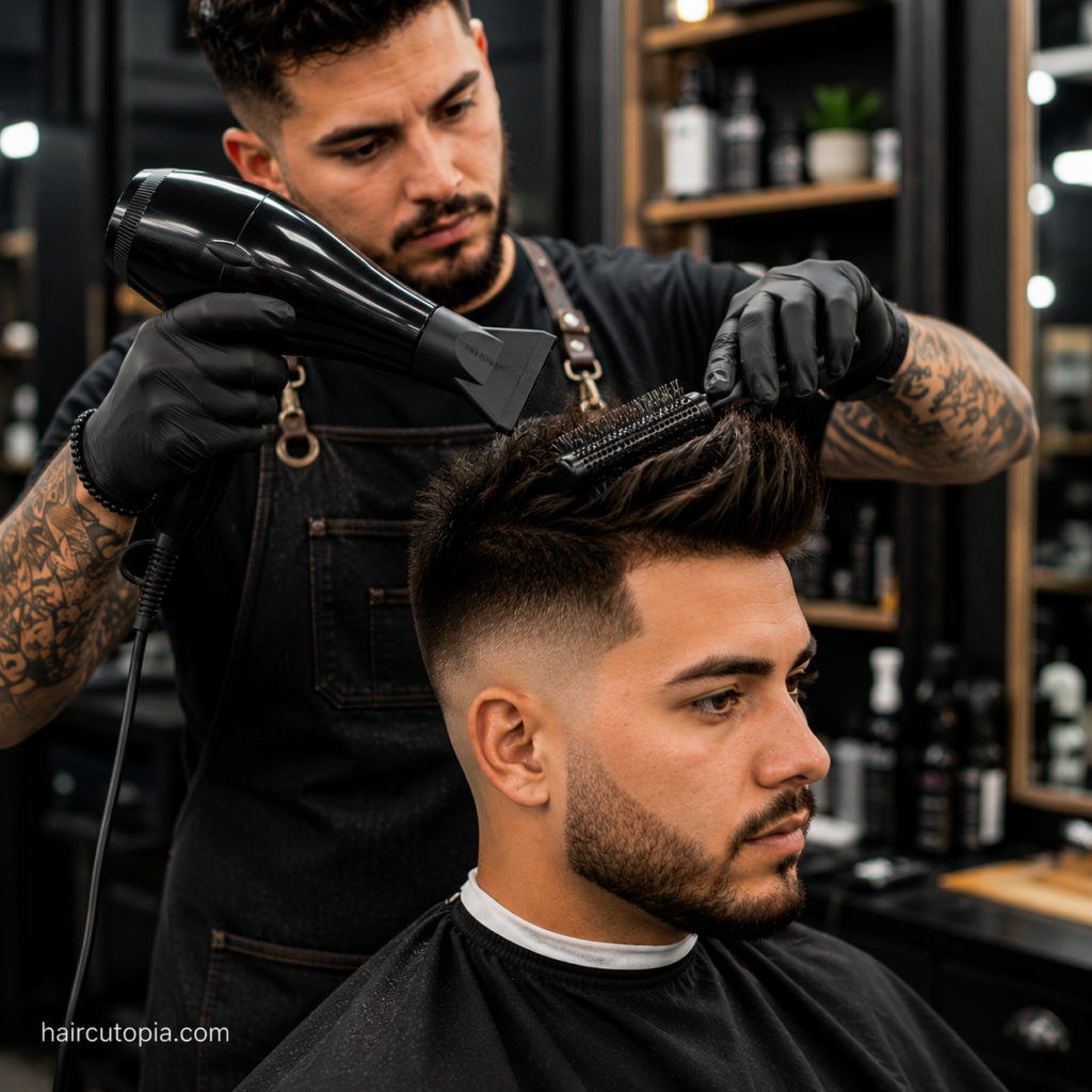 Barber styling a fade haircut with a blow-dryer and round brush