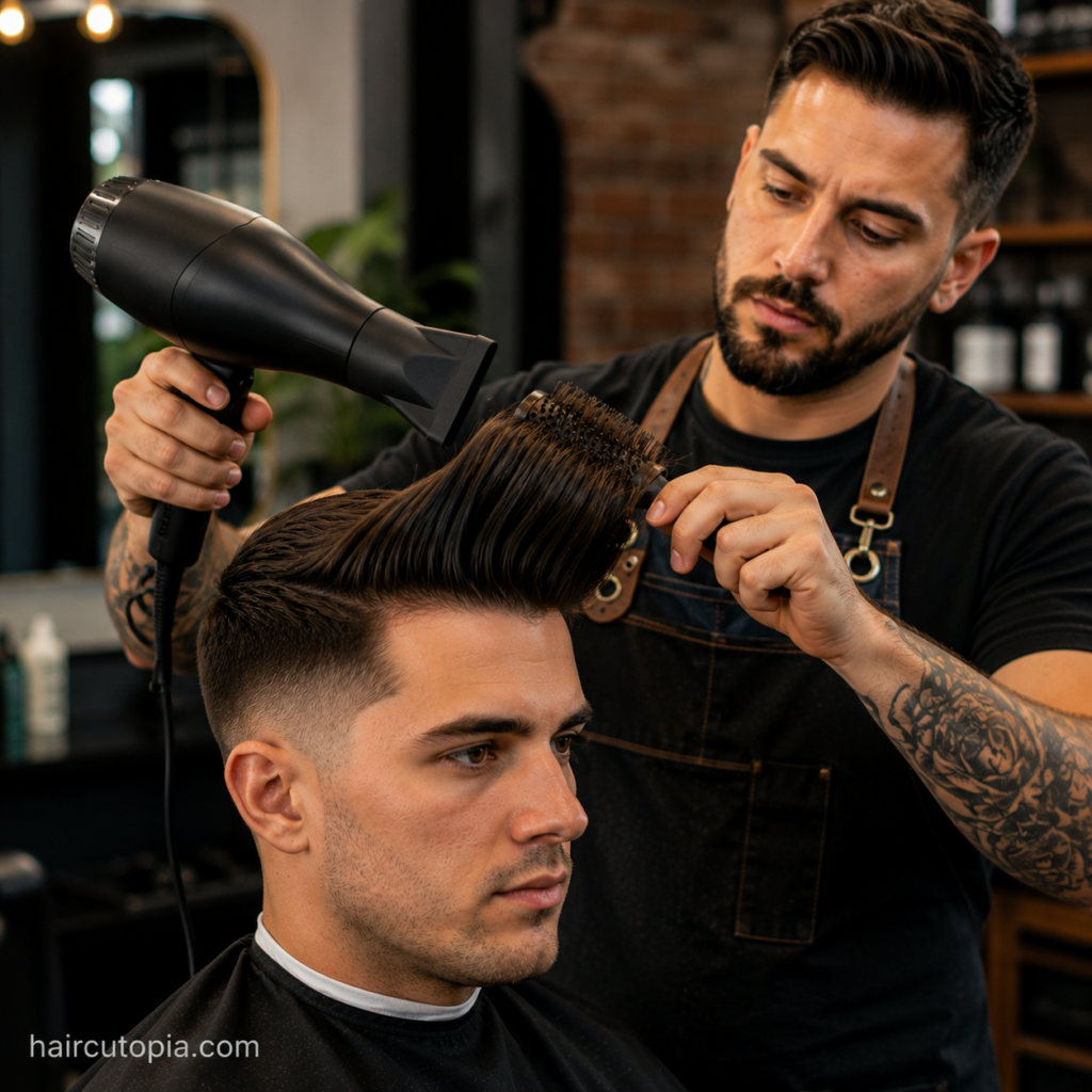 Barber styling a pompadour with a blow dryer and round brush