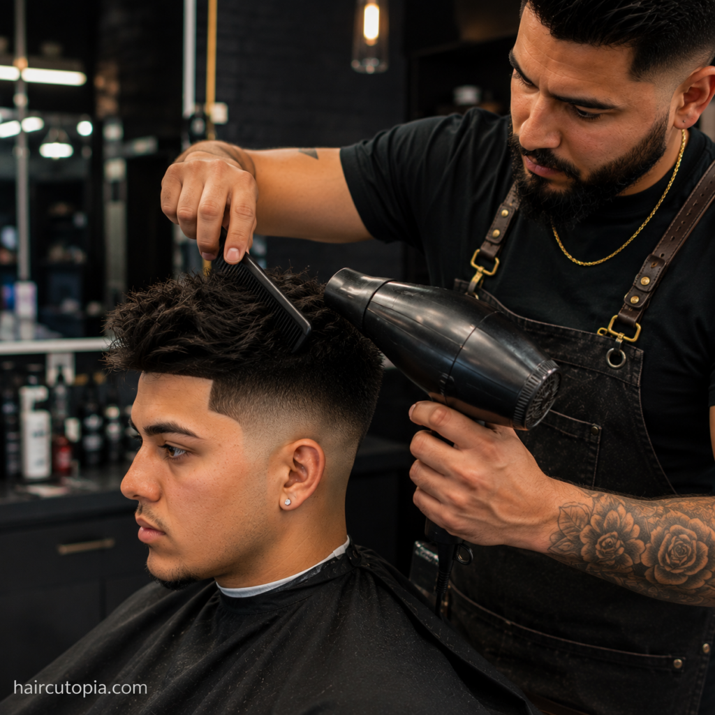 Barber styling a taper fade with a blow dryer and comb