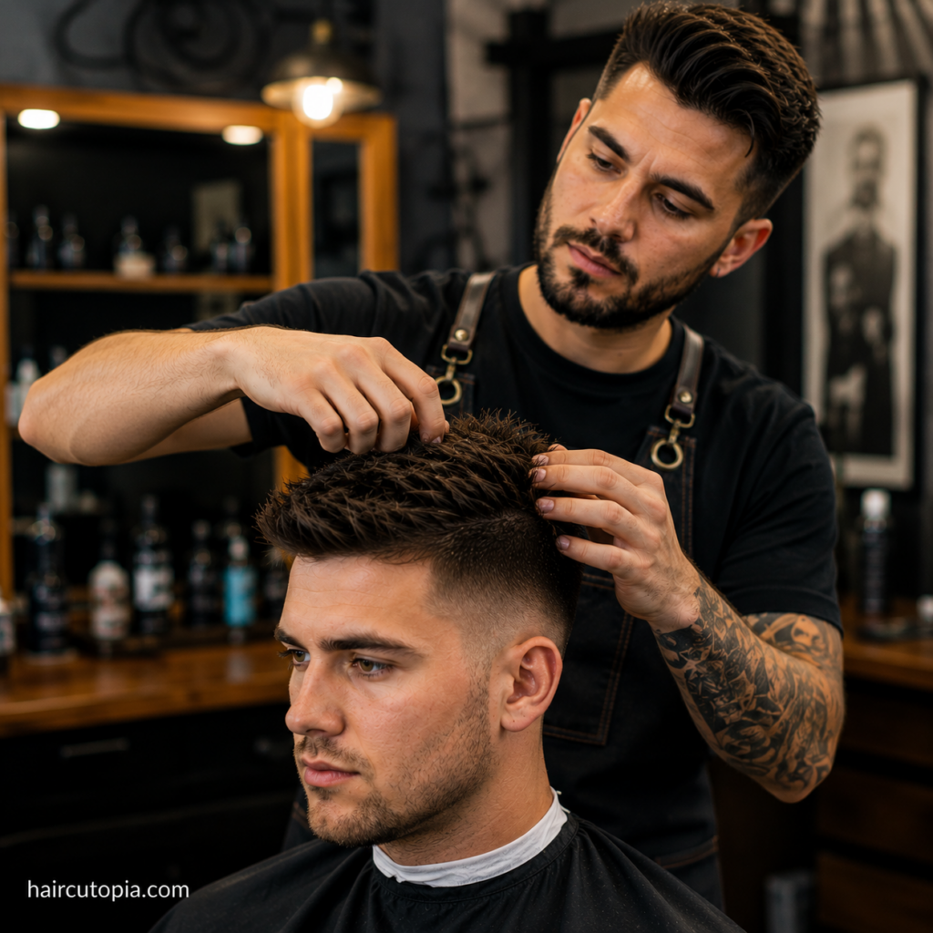 Barber using his fingers to style and add texture to a crew cut