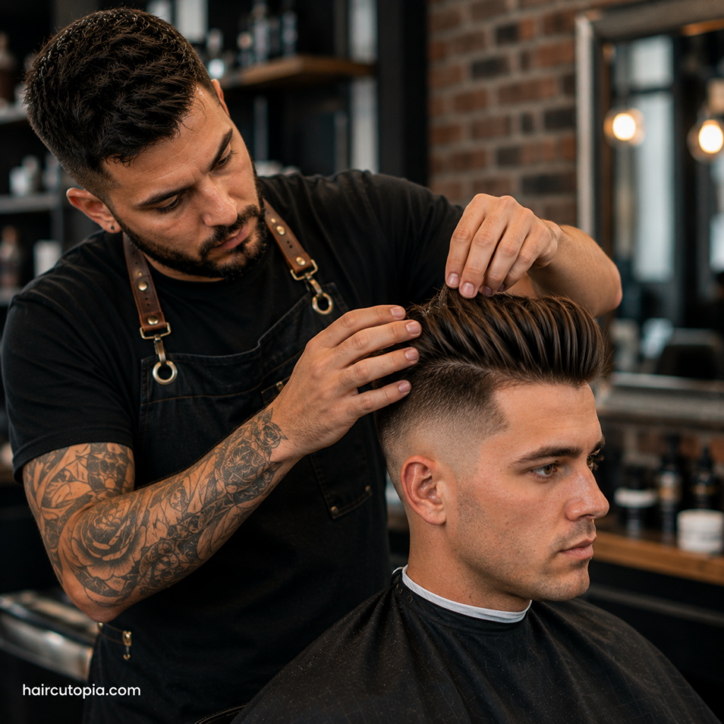 Barber using his fingers to shape and style the longer top of an undercut haircut
