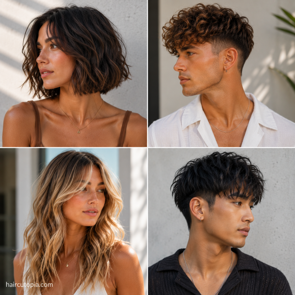 Summer hair trends featuring modern haircuts and beachy hairstyles for men and women