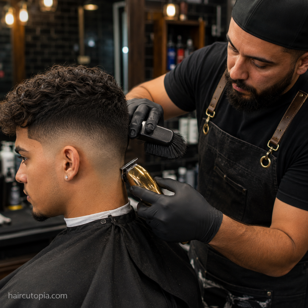 Barber cleaning up the neckline of a taper fade with a trimmer