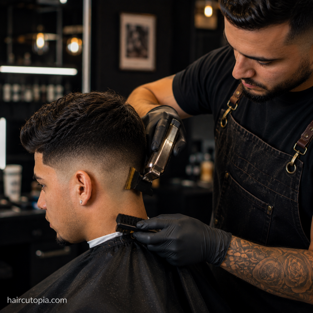 Barber performing a taper fade touch-up with clippers and a neck brush
