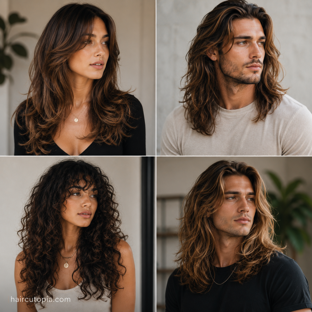 Four trending long haircuts featuring face-framing layers, men’s long waves, voluminous curls, and long layered hair.