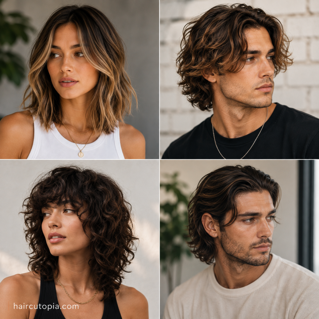 Four trending medium haircuts featuring a layered lob, men’s wavy flow, curly shag, and brushed-back medium hairstyle.