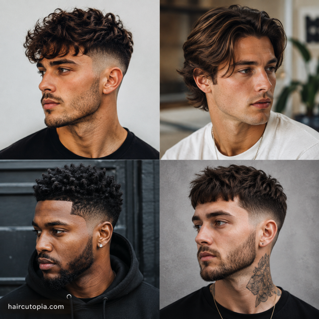 Four trending haircuts for men featuring textured curls, medium-length flow, tapered sides, and modern fades.