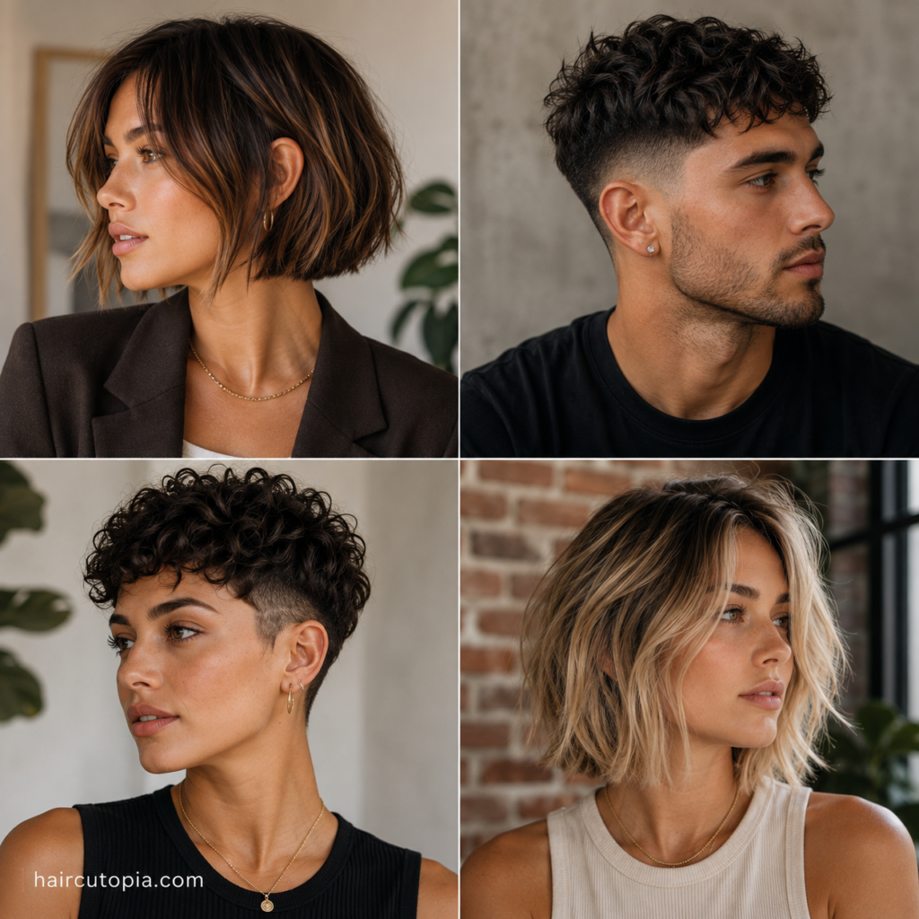 Four trending short haircuts featuring a textured bob, curly fade, curly pixie, and tousled short bob.