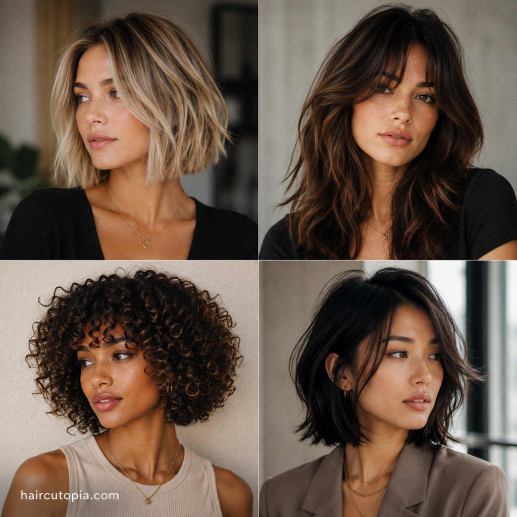 Four trending haircuts for women featuring a textured bob, layered waves, curly bob, and face-framing lob.