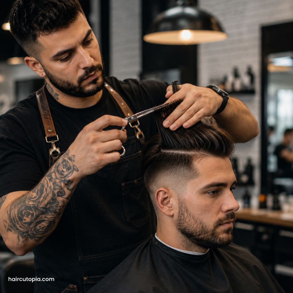Barber trimming the longer top of an undercut hairstyle with scissors and a comb