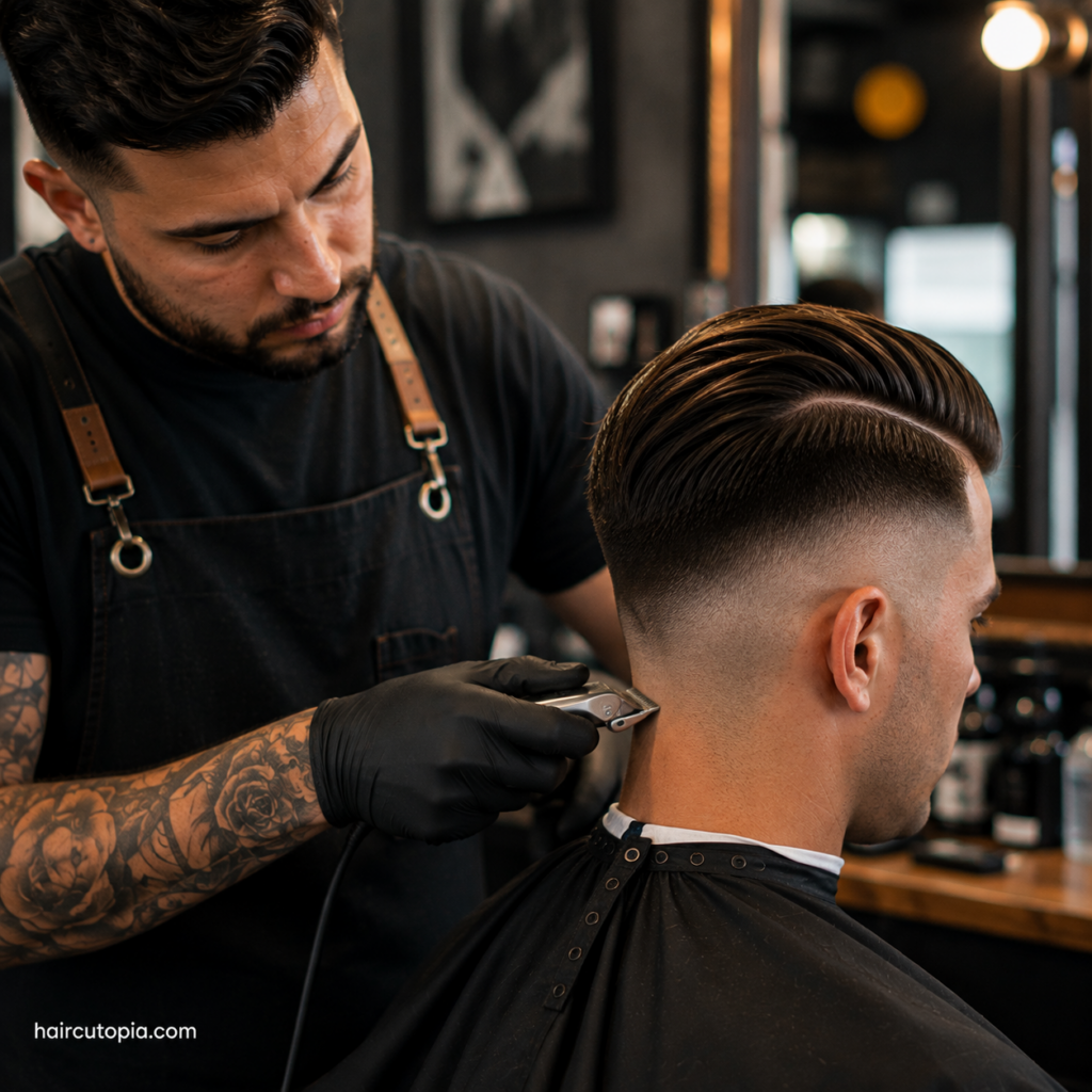 Barber using clippers to clean the neckline of an undercut haircut