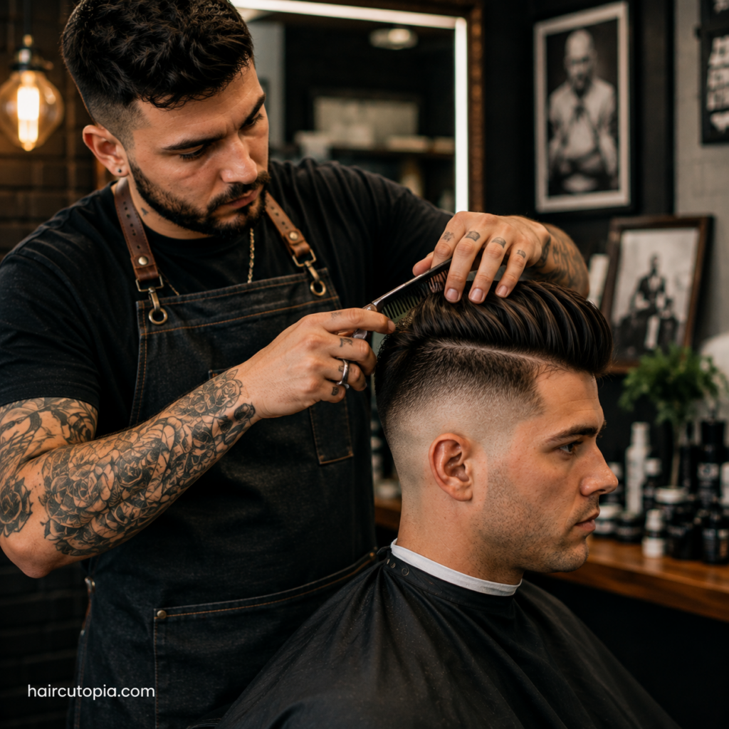 Barber shaping the longer top of a disconnected undercut with scissors and a comb