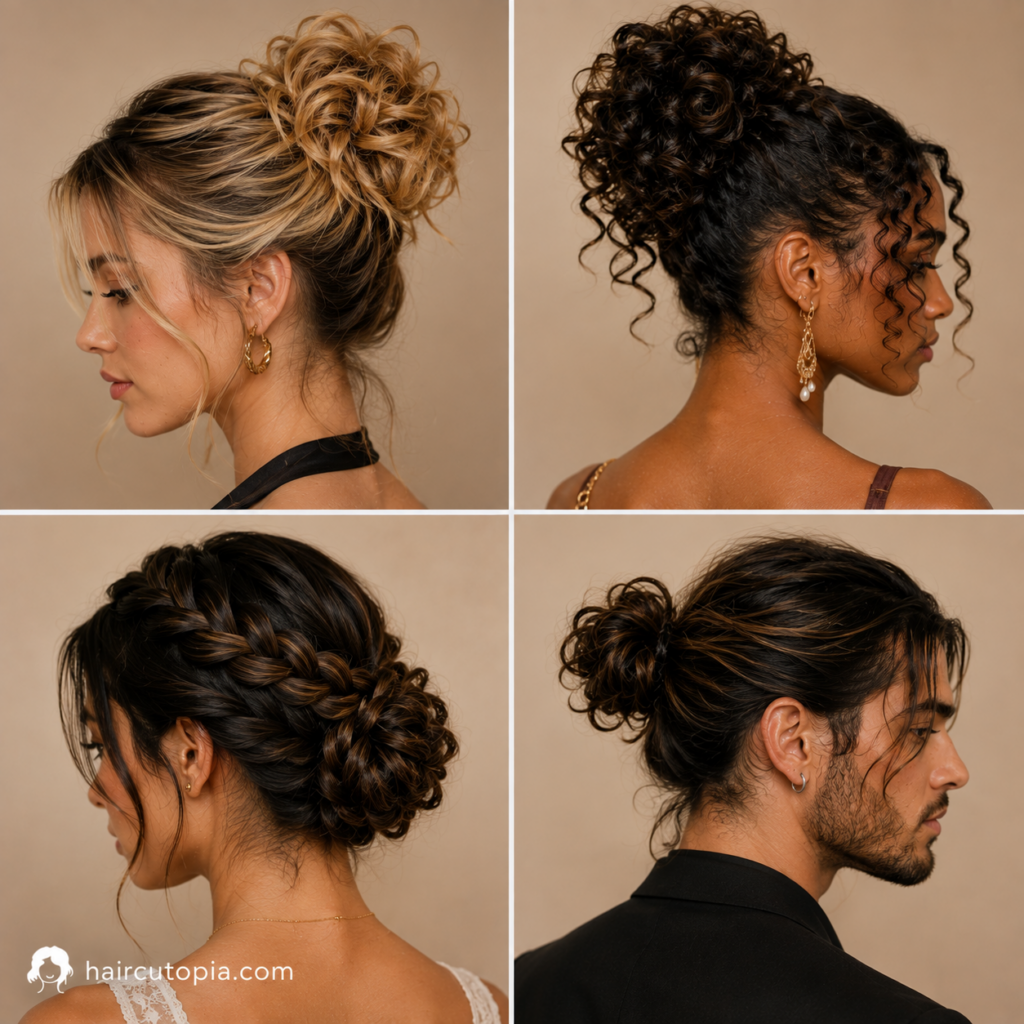 Updo hairstyle ideas featuring a messy bun, curly high updo, braided low bun, and men's bun